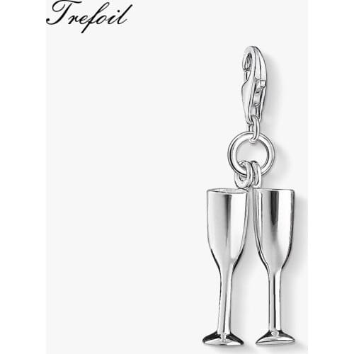 Champagne Glasses Charm Pendant, 2019 Autumn Fashion Jewelry 925 Sterling Silver Trendy Gift For Women Men Fit Bracelet Necklace