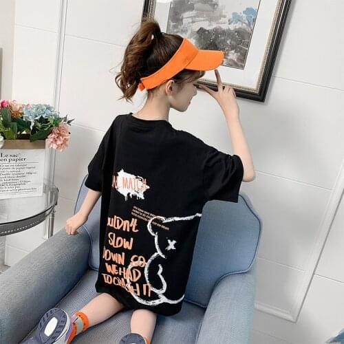 Baby Girls Short-sleeved T-shirt Summer New Children Cartoon Cotton Long Top Kids Printing Clothes Children Birthday Party Wear