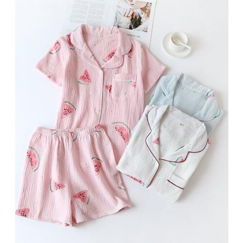 New Pajamas Set Women Pure Cotton Crepe Watermelon Short Sleeve Ladies Sleepwear Summer Cardigan Cute Large Size Comfy Home Wear