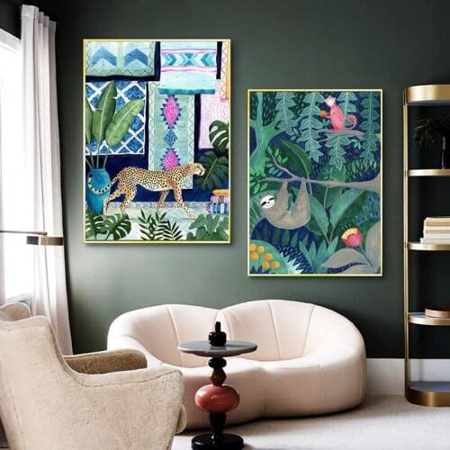 Animal Poster Lazy Elephant Leopard Jungle Poster and Green Plants Canvas Painting Wall Art Picture Living Room Home Decoration