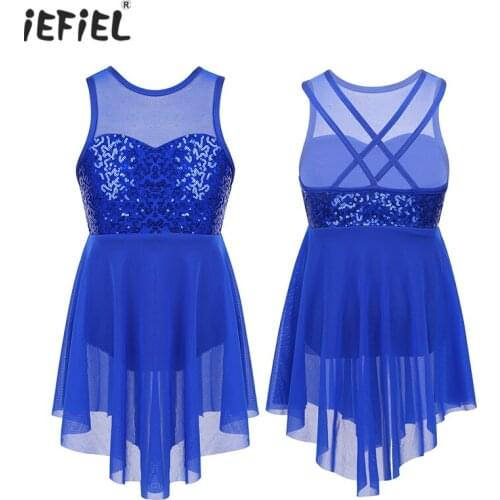 Girls Sleeveless Latin Lyrical Dance Dress Ice Skating Costume Performance Dance Wear Shiny Sequins Ballerina Tutu Ballet Dress