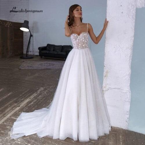 Gorgeous Spagetti Straps A-Line Wedding Dresses Sweetheart Glitter Bridal Gown Corset Lace Up Brides Dress Vestido de novia