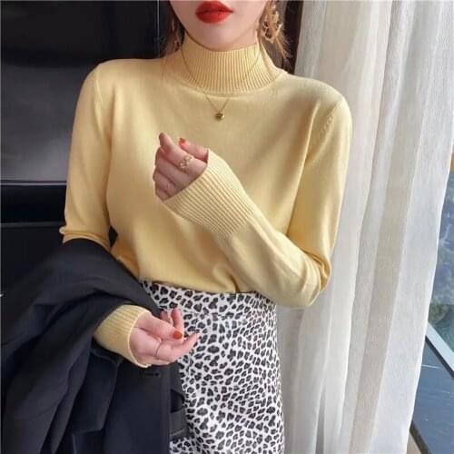 Pullover Sweater Female Autumn Winter New Outwear Mock Neck Knitted Bottoming Top Solid Color Casual Slim Soft Korean Clothes