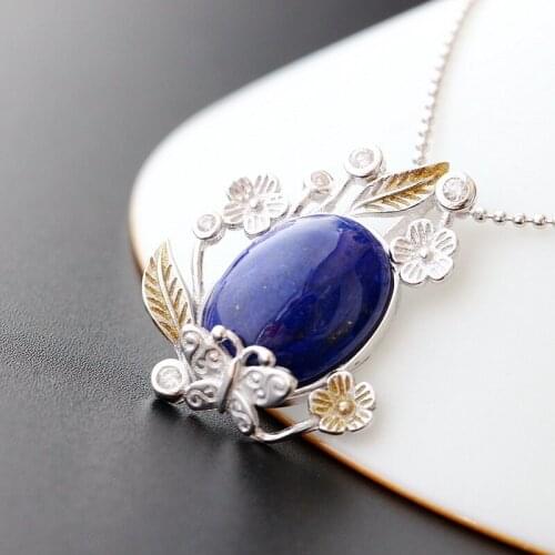 Silver Jewelry Wholesale Handmade Natural Lapis Lazuli Retro Thai Silver Female Models Fashion S925 Sterling Silver Pendant