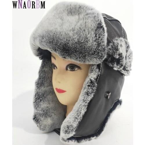 Natural Genuine Rex Rabbit Fur Bomber Hat + Sheepskin Winter men and women Warm Ear Hat Fashion Authentic Fur Caps