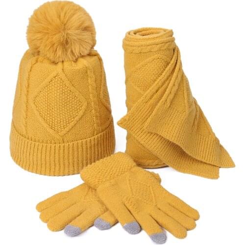 Women Winter Hats Scarves Gloves Kit Fashion Knitted Plus Velvet Hat Scarf Set For Male Female 3 Pieces/Set Beanies Scarf Glove
