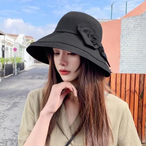 Women Solid Color Bowknot Wide Brim UV Protection Summer Anti-UV UPF 50+ Sun Hat Bucket Cap