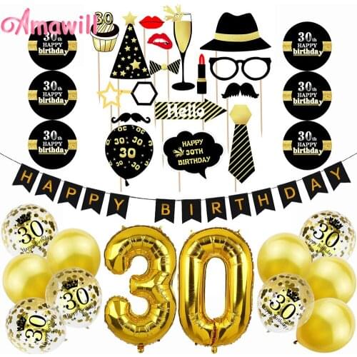 Amawill 30th Birthday Party Decorations Adult Gold Confetti Balloon 30 Years Old Birthday Party Black Happy Birthday Banner 75D