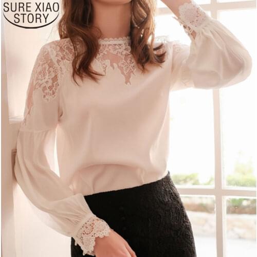 Sexy Hollow Out White Lace Long Sleeve Blouses Women Fashion Shirts O-neck Lantern Sleeve Elegant Tops Women Blusas Mujer 10226