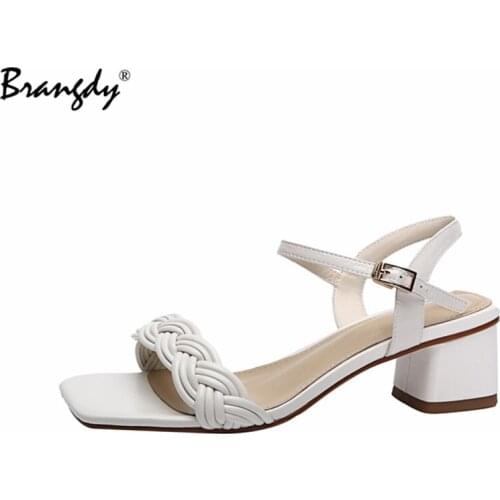 Brangdy Concise Women Sandals 2021 Summer Newest Genuine Leather Sandals For Girls Metal Buckle Wedding Thick Heels Shoes Woman