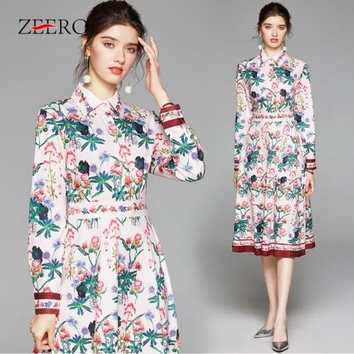 2020 Fall Autumn Runway Long Sleeve Dress Womens Elegant Party Dress Multicolor Floral Print Vintage Elegant Dress Vestido