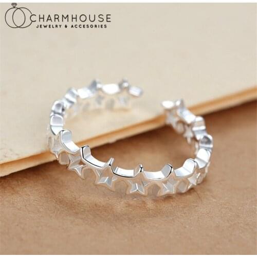 Real Silver Finger Rings For Women Exquisite Cute Stars Open Ring Adjustable Anillos Bague Vintage Korean Jewelry Birthday Gifts