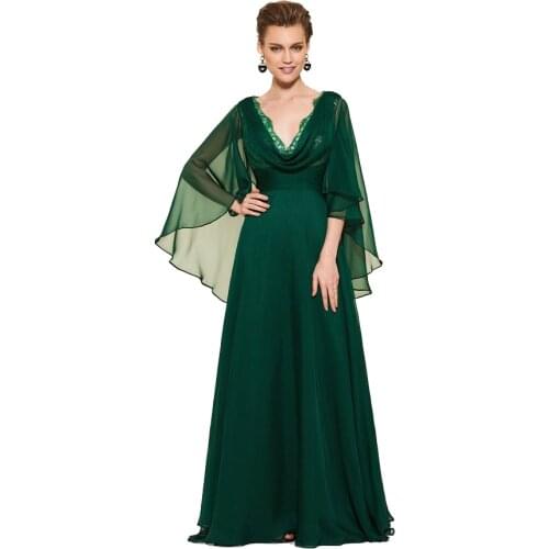 Vintage Dark Green Mother of The Bride Dresses V-neck Lace Chiffon Formal Party Gowns with Cloak A-line Long Women Party Dresses