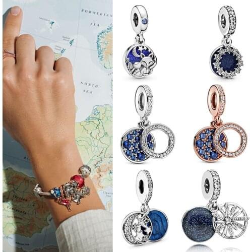100% 925 Sterling Silver Charm Retro Blue Star Moon Pendant Fit Pandora Women Bracelet & Necklace Diy Jewelry