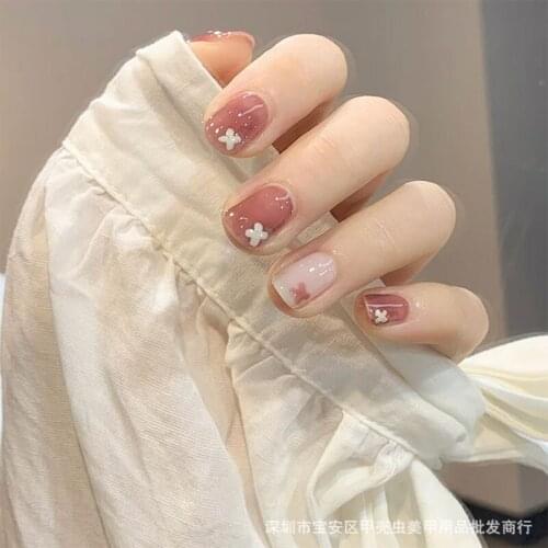 24Pcs Bean Paste Color Symbol Fake Nail DIY Slider Removable Glue Type Press On Nail Short Style Daily Wear Oval Shape Nail Art