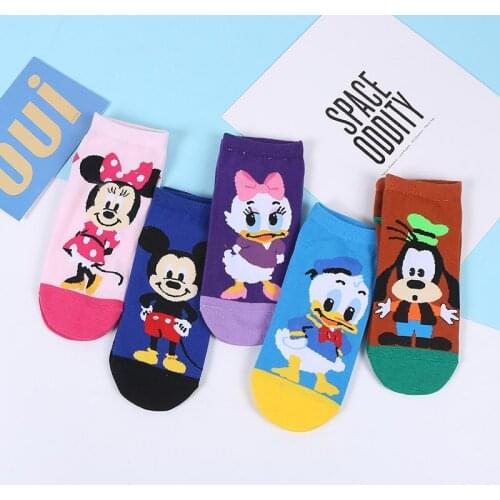 Disney 5Pairs Mickey Mouse Short Woman Socks Sweat Anime summer comfortable cotton girl women boat socks ankle low female Socks