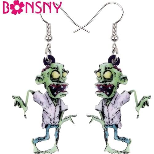 Bonsny Acrylic Halloween Cartoon Scary Zombie Earrings Drop Dangle Fashion Novelty Jewelry For Women Girls Party Charms Brincos