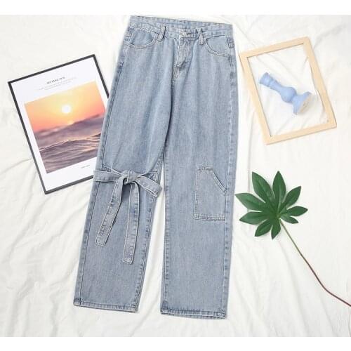 Bow high waist jeans womens spring new straight tube loose wide leg pants summer pants trend mom jeans high waist
