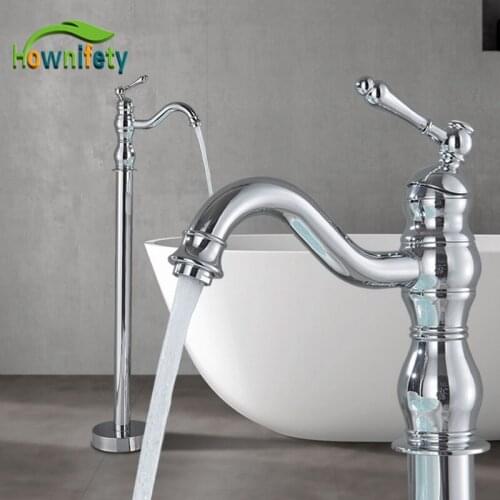 Chrome Floor Mount Bathroom Bathtub Facuet Retro Style Hot Cold Mixer Crane Shower Faucets Rotation Spout Europen Single handle