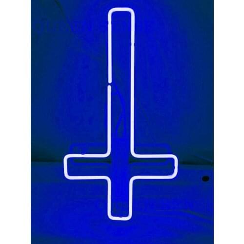 Custom Upside Jesus Cross Blue Acrylic Neon Light Lamp Sign Beer Bar Handmade Real Glass Decorate Home Wall Room Windows Tube