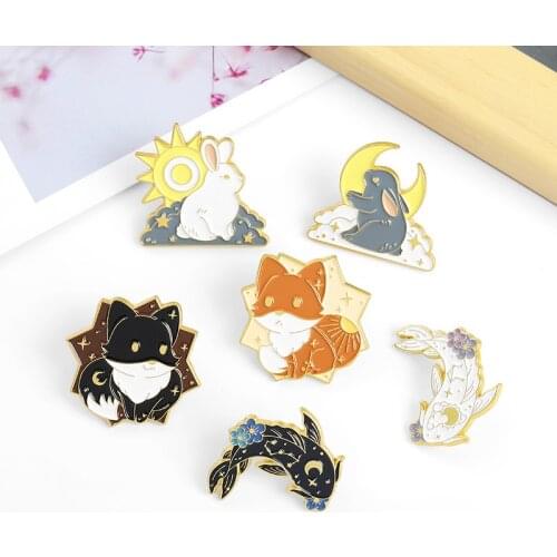 Cartoon Animal Collection Enamel Pin Custom Fox Rabbit Carp Brooches Bag Lapel Funny Cute Sun Blossom Badge Jewelry Gift For Kid