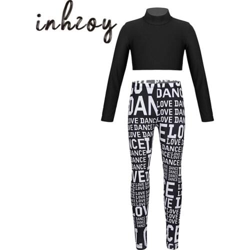 Kids Two-Piece Dancewear Long Sleeve Crop Top Letters Print Leggings Tights Dance Pants Set Girls Gymnastics Jazz Ballet Costume