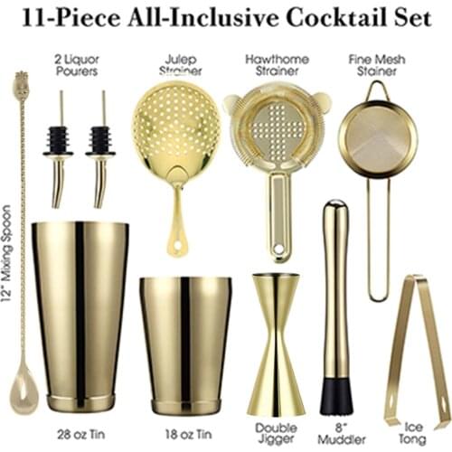 Cocktail Shaker Bar Set: Weighted Boston Shakers, Cocktail Strainer Set,Jigger, Muddler, Pineapple Bar spoon, Ice Tong,Pourers