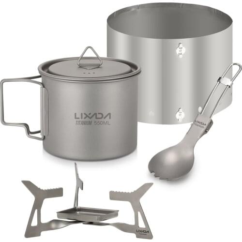 Lixada 4pcs Camping Titanium Cookware Set with 550ml Water Cup Mug Folding Solidified Alcohol Stove Spork Windshield for Outdoor