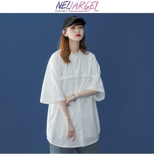 NELLARGEL Women Solid Button Up White Oversized Shirt 2021 Summer Female Plus Size Cute Shirts Tops Girl Collared Kawaii Shirts