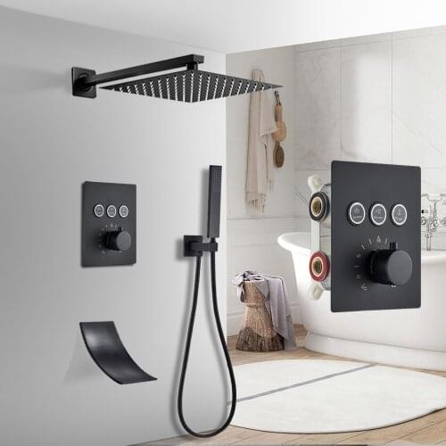 New Matte Black Thermostatic Bathroom Shower Faucet Set Rain Waterfall Bathtub Shower System Mixer Tap Wall Mounted Button Tap