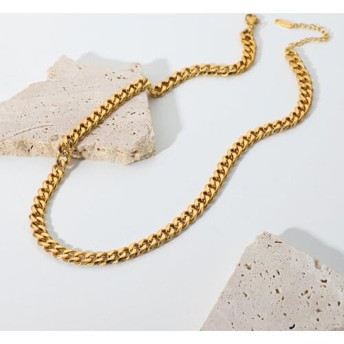 Punk Miami Thick Cuban Chain Necklace For Women 18K Gold Plated Stainless Steel Choker Neckalce Waterproof Tarnish Free