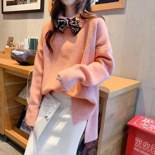 H9546 Pullover Women Autumn Winter Korean Loose Knitted Jumper Top Student Solid Color Lapel Casual High Quality Simple Sweater