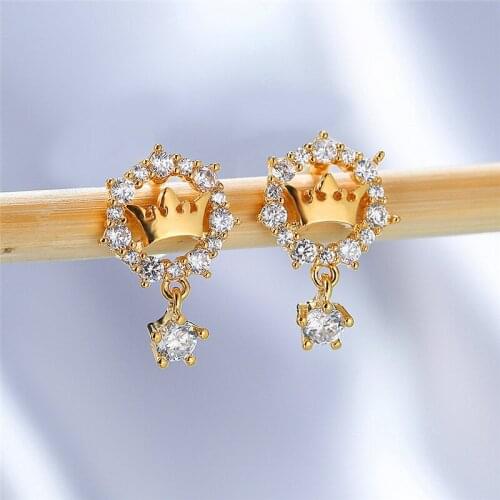 Luxury Crown Round Stone Wedding Earrings Vintage Female White Crystal Earrings Rose Gold Silver Color Stud Earrings For Women