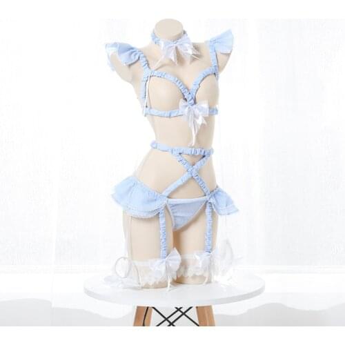 Sexy Open Bust Top Bondage Body Cage Lingerie Cute Maid Sweet Plaid Uniform Set Gothic Pink Blue Chiffon Harness Garter