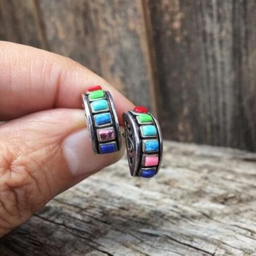 Retro Single Row Rainbow Stone Stud Earring Boho Colorful Turquoises Jewelry Antique Silver Color Stud Earrings Women