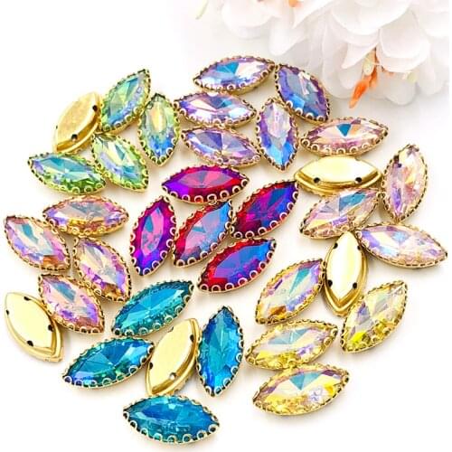 New arrival 7X15mm Leaf shape sew on rhinestones gold base lacy claw glass crystal horse eye rhinestone Diy clothing accessories