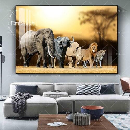 Embelish 1 Pieces Wall Pictures For Living Room Lion Elephant Leopard Buffalo And Rhinoceros Animals Home Decor HD Paintings