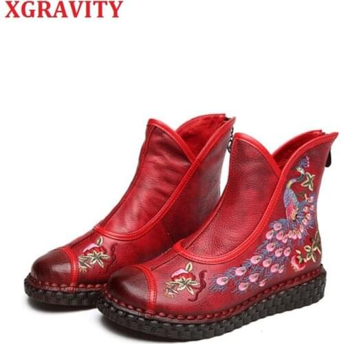 XGRAVITY Embroidery Peacock Design Flower Genuine Leather Flats Women Fashion Casual Boots Elegant Winter Vintage Lady Shoes A05