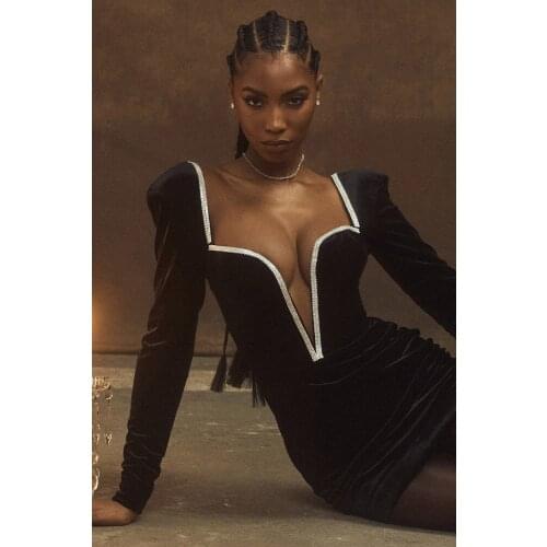 2021 christimas women new arrival fashion black v neck diamonds embellishment long sleeve velvet dresses wholesale