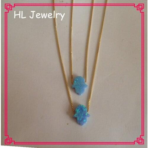10PCS/Lot Synthetic Op06 Azure Blue HAmsa Opal 925 Sterling Silver Jewelry Necklace 11*13MM Hand Opal Pendant Necklace