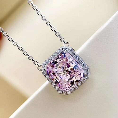 100% 925 Sterling Silver Chain Charm Created Moissanite Pink Pendant Necklace For Women Sparkling Wedding Party Fine Jewelry