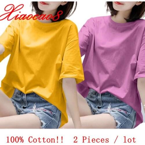 100% Cotton 2 Pieces Oversized t-shirt 2021 Summer Short Sleeve Loose womens t-shirt Teenage Students Girls t shirt Tops Woman