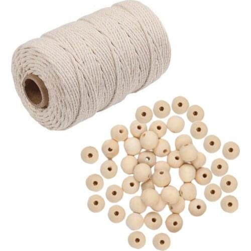 100pcs Round Wood Beads w\/ Rope Natural Spacer Wooden Ball DIY Bracelet Necklac