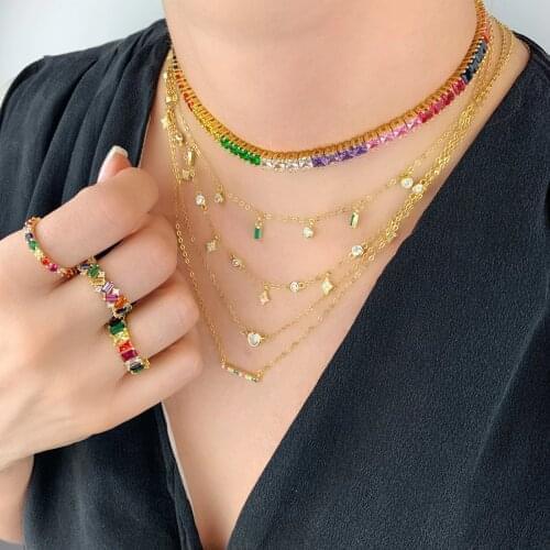 2019 gorgeous stunning multi layer chain gold color coin geometric choker statement fashion collar rainbow colorful cz necklaces