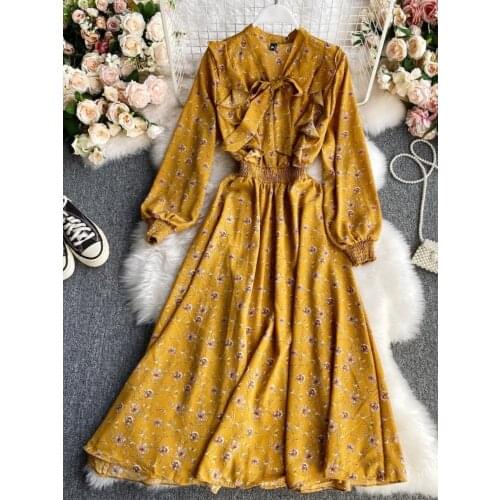 2021 French Spring Summer Womens Floral Chiffon Dress Femme Robe Long Sleeve Fashion Sexy V-Neck Vintage Dress Korean Clothing