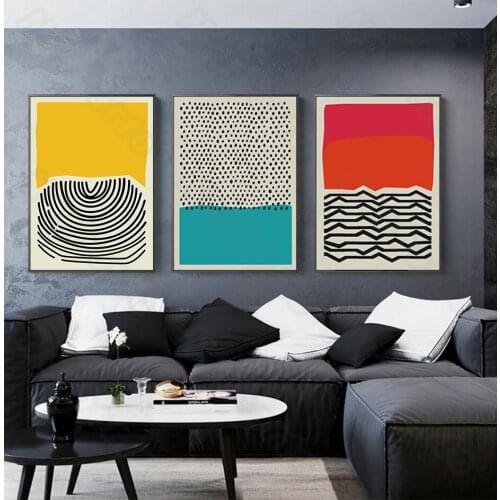 Abstract Art Pictures Canvas Painting Wall Poster Green Yellow Red Colors with Black and White Stripes for Home Rooms Decoration