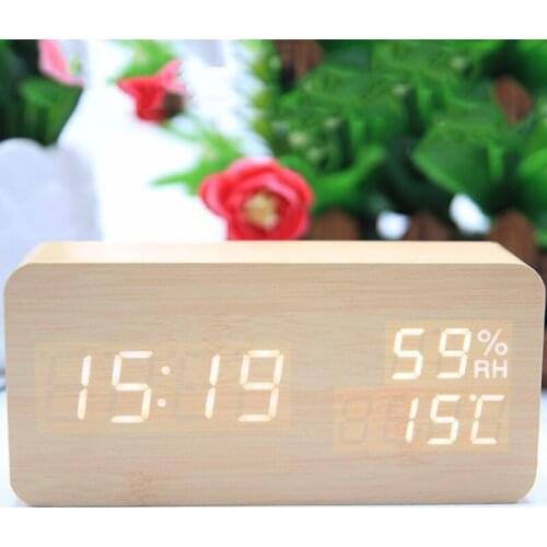 New Creative Temperature And Humidity Led Wood Clock Led Intelligent Voice Control Electronic Alarm Clock Wood Digital Clock