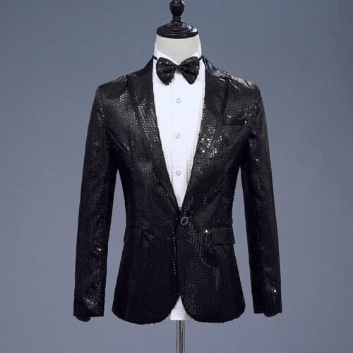Mens Sequins Suit Blazer Jacket Men Party Wedding Banquet DJ Singer Stage Costume Homme Notched Lapel One Button Blazer with Bow