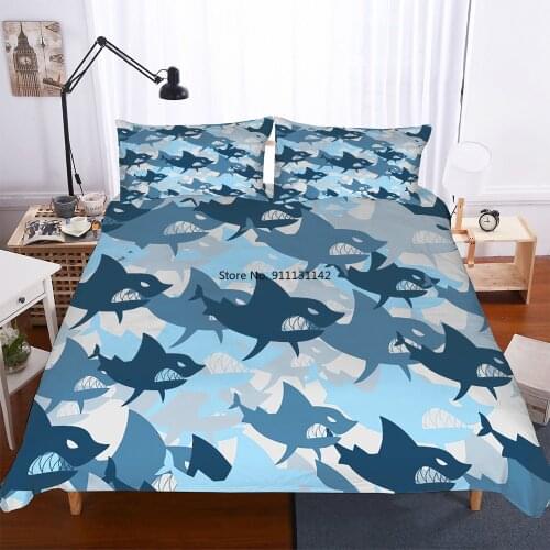 Blue Sea Life Pattern Bedding Set 3D Digital Shark Printed 2/3 Piece Quilts and Pillowcases UK /AU/ US sizes