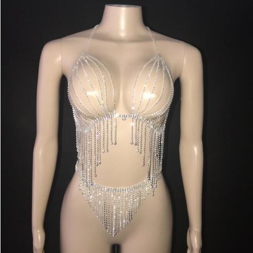 Silver Stones Chain Bra Short Birthday Fringe Bikini Outfit Set Prom Women Singer Dance Team Underwear Outfit Set